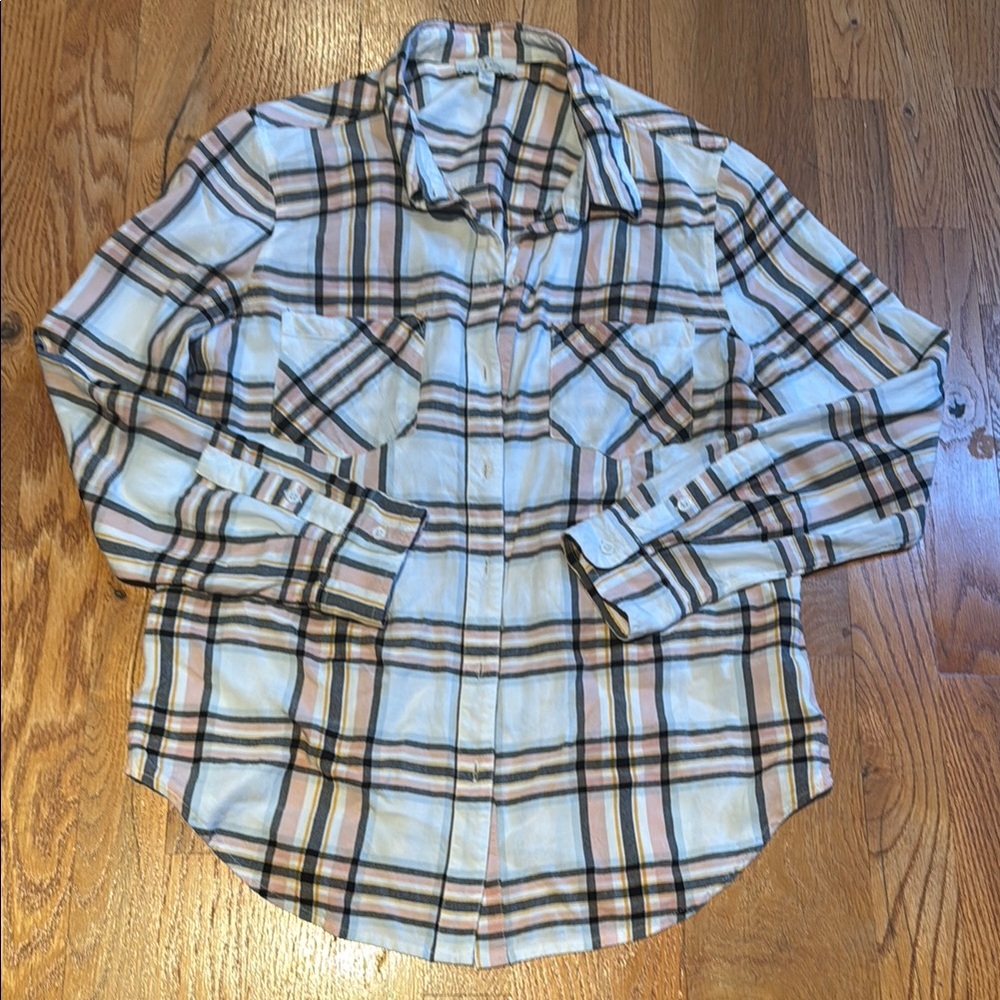 Lucky Brand pink and black plaid button up shirt size m
